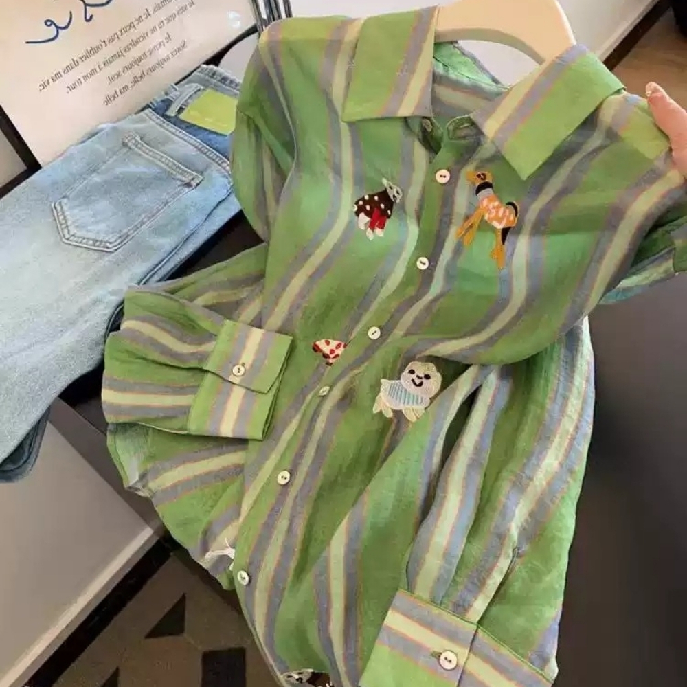 Green Stripe Cartoon Animal Embroidery Shirt
